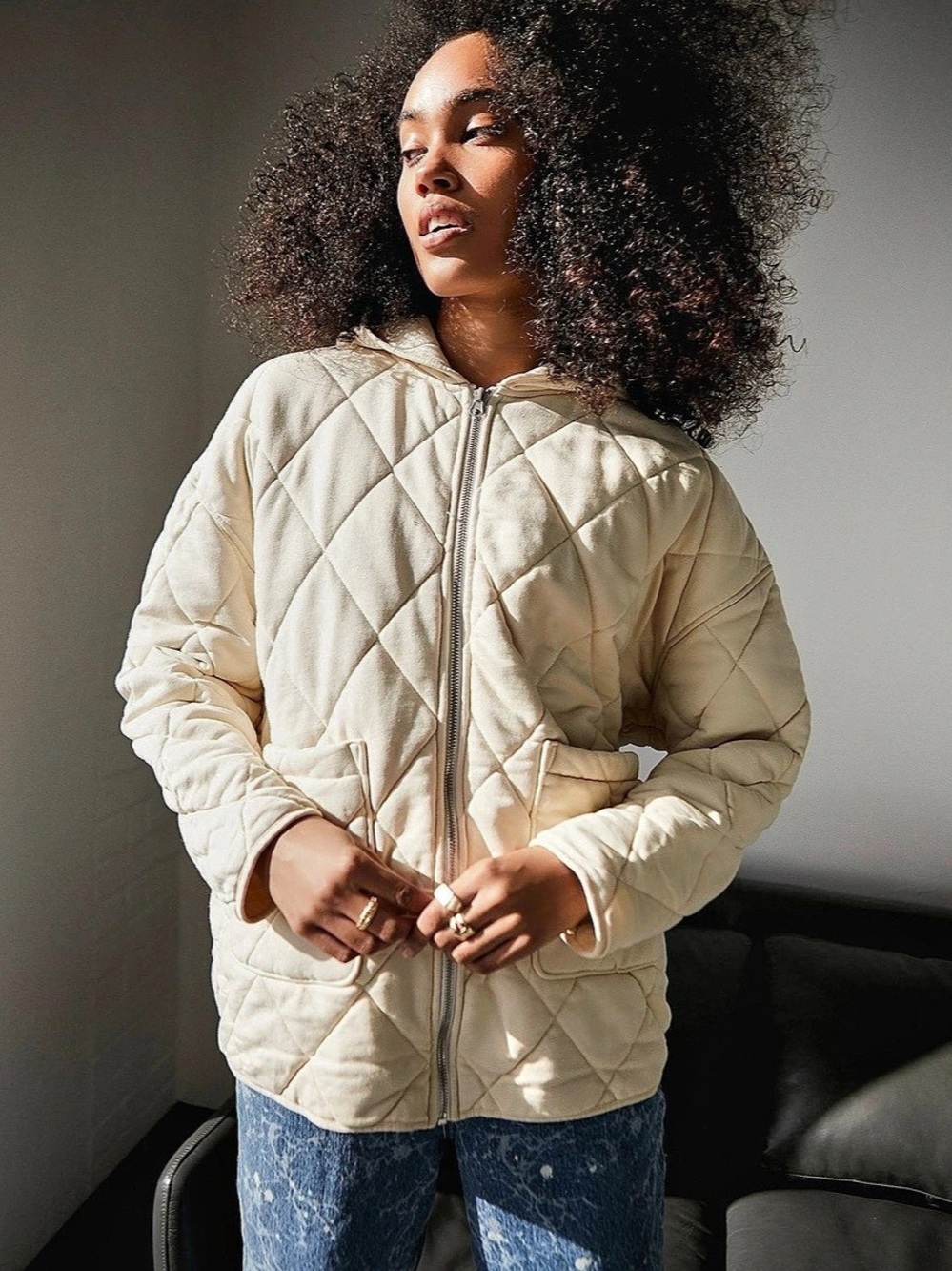 Urban Outfitters UO Freja Quilted Hooded Jacket Cream